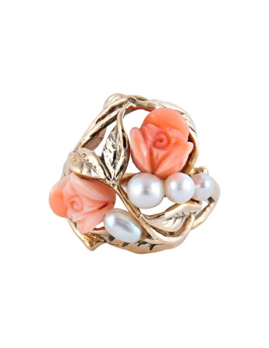 BAGUE "ROSE" OR, PERLE & CORAIL Véritable concentré