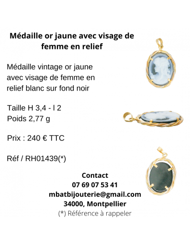 Médaille or jaune avec visage de femme en relief livraison gratuite