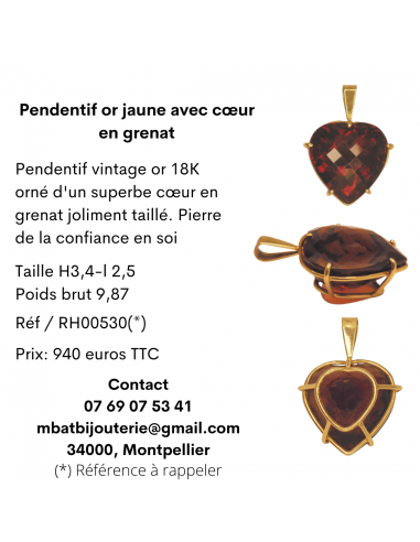 Pendentif or jaune 750 avec coeur en grenat prix