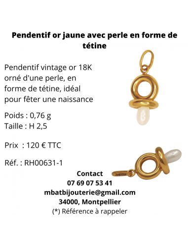 Pendentif or jaune avec une perle en forme de tétine soldes