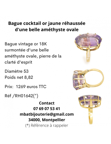 Bague cocktail or jaune 750 réhaussée d'une belle améthyste ovale paiement sécurisé