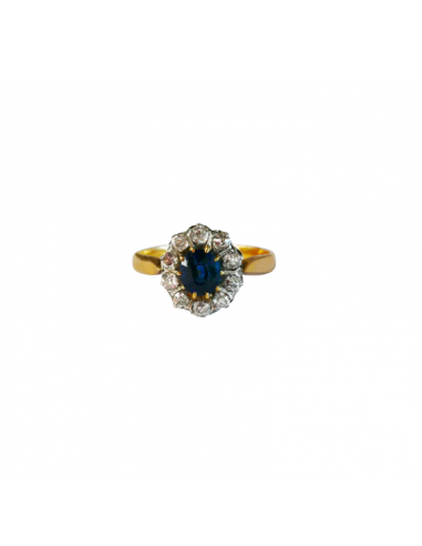 Bague or jaune 750, 10 diamants mettant en valeur un saphir pas cher chine