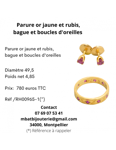 Parure or jaune et rubis, bague et boucles d'oreille une grave pollution 