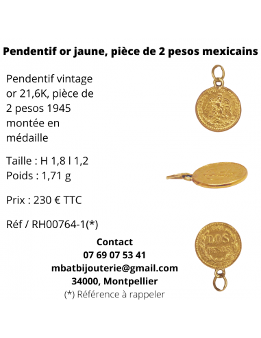 Pendentif or jaune 900, pièce de 2 pesos mexicains de votre